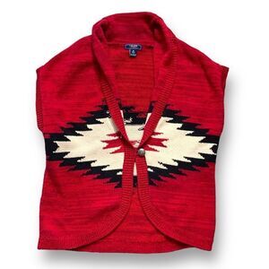 Chaps Denim Printed Knit Sweater Vest Red Southwestern Cardigan Short Sleeve